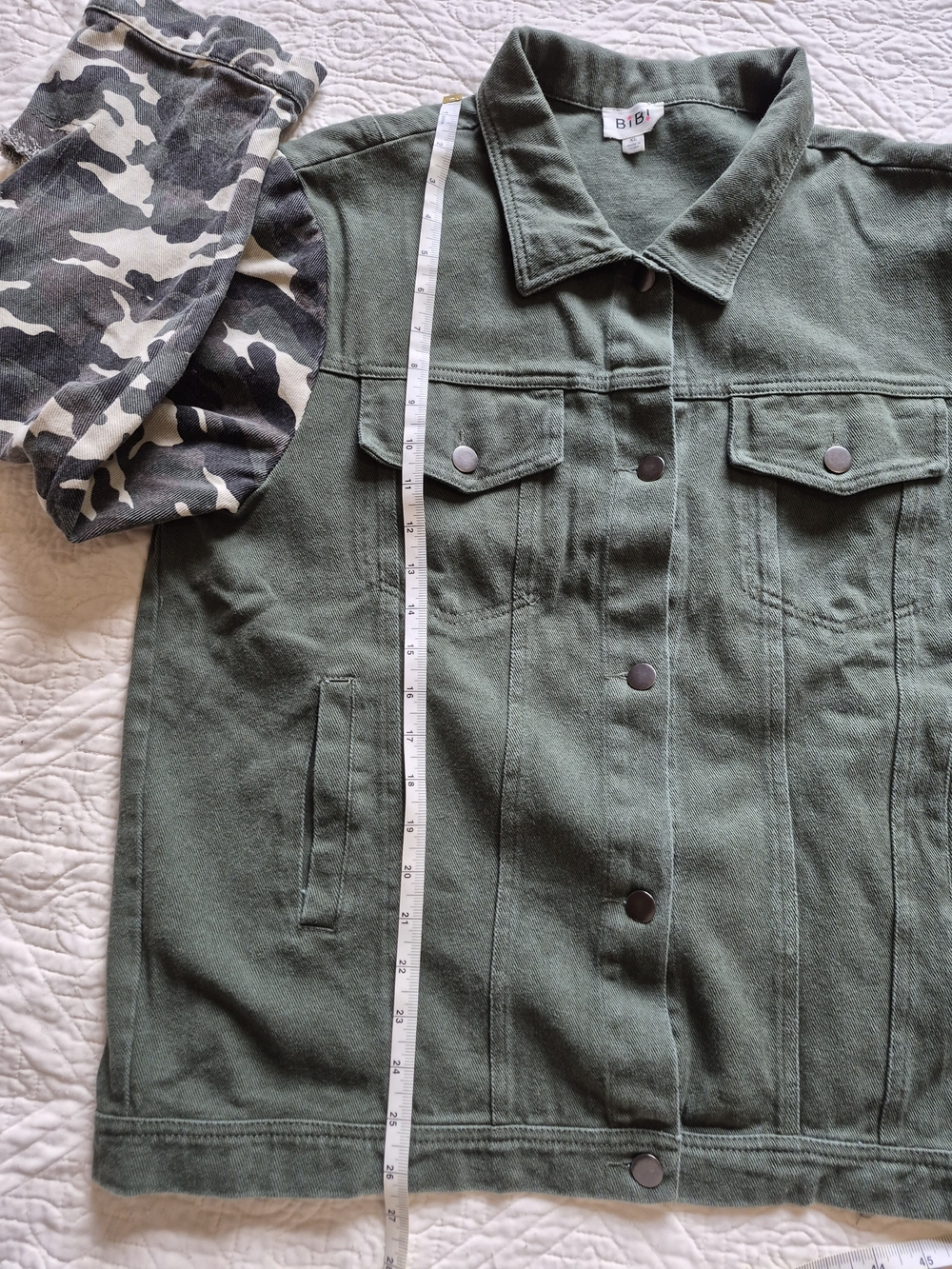 BiBi Olive Green Denim Jacket with Camo Sleeves - Picture 9 of 11